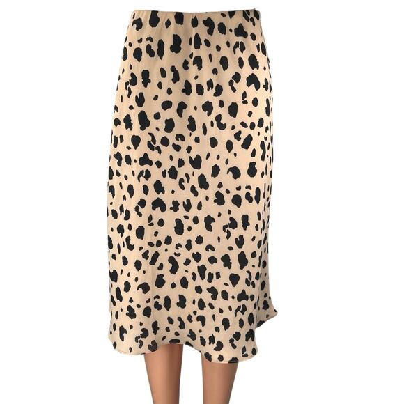 Socialite Tan Black Silk Satin Leopard Animal Print Midi A-line Slip Skirt Sz S - Picture 1 of 5